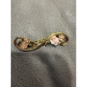1928 Gold Tone Floral Infinity Symbol Brooch Pin Pink Roses Enameled Flowers